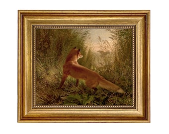 Fox Flushing Ducks Framed Oil Painting Print on Canvas in Antiqued Gold Frame