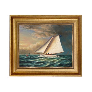 Racing Boat Framed Oil Painting Print on Canvas, Sailboat Art, Vintage Sailboat Print, Coastal Wall Art, Beach House Decor