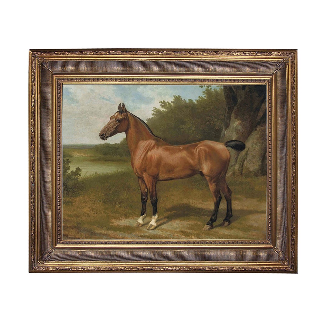 Horse in Landscape Framed Oil Painting Print on Canvas in Antiqued Gold