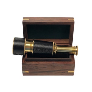 Nautical Brass Leather-Wrapped Pocket Telescope with Wood Display Box, Antique Vintage Reproduction, Nautical Decor, Nautical Office