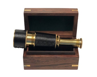 Nautical Brass Leather-Wrapped Pocket Telescope with Wood Display Box, Antique Vintage Reproduction, Nautical Decor, Nautical Office