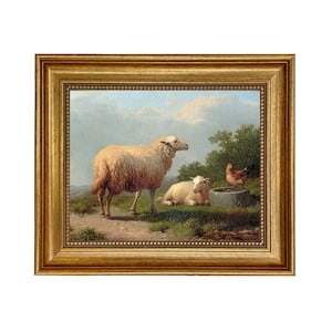 Sheep in a Meadow Framed Oil Painting Print on Canvas, Gold or Black Frame, Antique Vintage Style, Farm Animals, Gallery Wall Art, Art Print