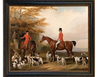 The Meeting Fox Hunt Scene Framed Oil Painting Print on Canvas in Leather-Look Black and Antiqued Gold Frame
