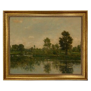 May include: A painting depicting a tranquil landscape with a river reflecting the sky and trees. The river is lined with tall green reeds and there are a few people in a boat on the water. The sky is a soft blue with white clouds.