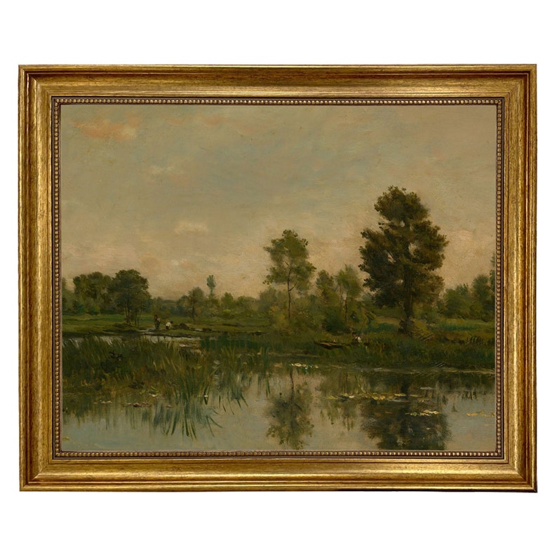 May include: A painting depicting a tranquil landscape with a river reflecting the sky and trees. The river is lined with tall green reeds and there are a few people in a boat on the water. The sky is a soft blue with white clouds.