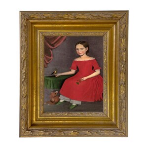 May include: A framed portrait of a young person in a red dress, seated with a small bird on a table. The painting features a gold frame with ornate detailing, a green table, and a stuffed animal at the subject's feet.
