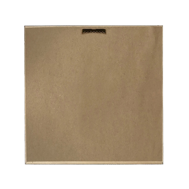 May include: The back of a brown wooden picture frame with a metal hanging hook.