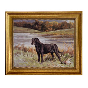Labrador Retriever with Duck Oil Framed Oil Painting Print on Canvas, Framed Dog Print, Vintage Style Dog Art, Black Lab Painting