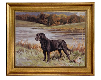 Labrador Retriever with Duck Oil Painting Print on Canvas in Antiqued Gold Frame