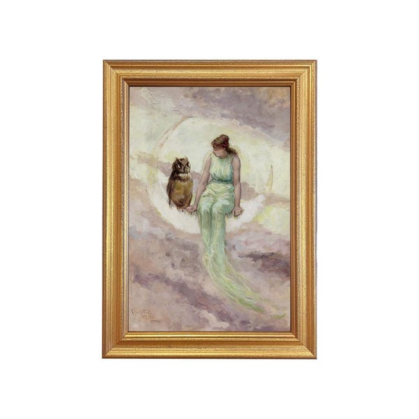 Hexentochter gerahmter Kunstdruck, Eule und Frau, Goldrahmen