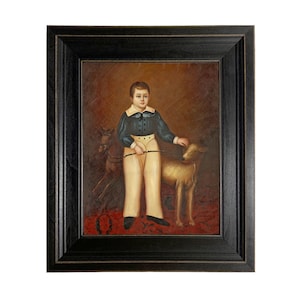 Boy with Dog Framed Oil Painting Print on Canvas, Primitive Folk Art, Early American Decor, Primitive Wall Art, Colonial Decor