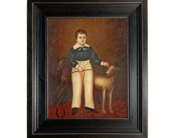 Primitive Boy with Dog Framed Canvas Print, Early American Folk Art