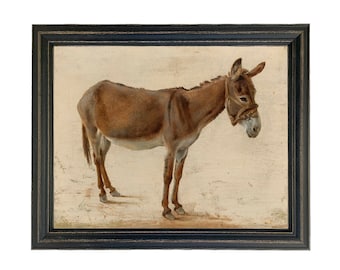 Brown Donkey Framed Oil Painting Print on Canvas, Farm Animal, Wall Art