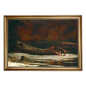 May include: A painting of a man in a boat, reaching out to pull in a deer's antlers. The boat is in a river with a dog swimming beside it. The background is a forest with fall foliage.