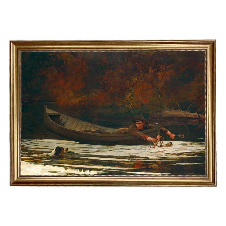 May include: A painting of a man in a boat, reaching out to pull in a deer's antlers. The boat is in a river with a dog swimming beside it. The background is a forest with fall foliage.