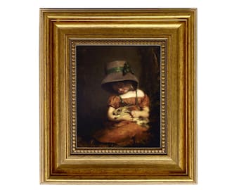 Girl with Rabbit Framed Oil Painting Print on Canvas, Spring Wall Art, Nursery Decor, Little Girl&#39;s Room, Vintage Style Art Print