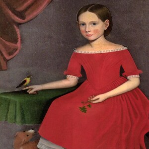 May include: A portrait of a young person in a red dress with white lace trim. A small yellow and brown bird perches on their finger. The person holds a sprig of green leaves. A small dog looks up at the bird.