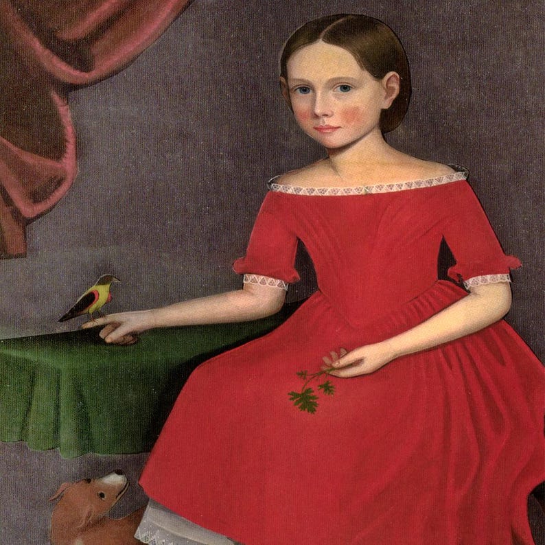 May include: A portrait of a young person in a red dress with white lace trim. A small yellow and brown bird perches on their finger. The person holds a sprig of green leaves. A small dog looks up at the bird.