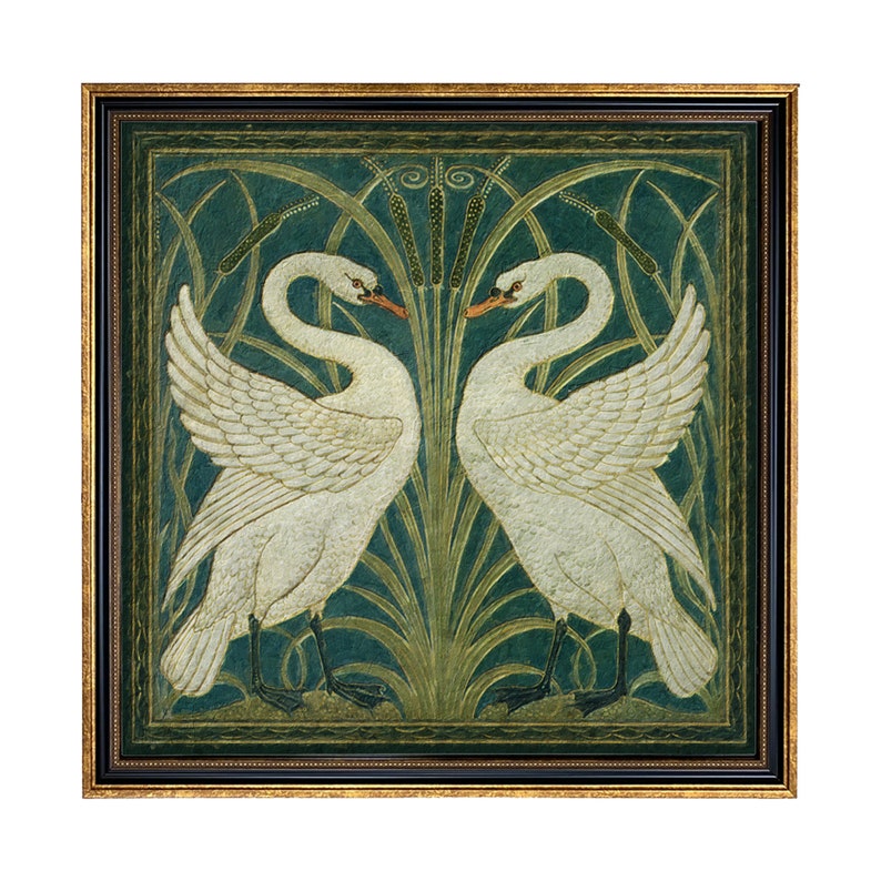 Two White Swans Vintage Wallpaper Print Behind Glass- 10x10
