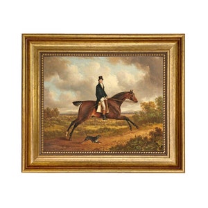 Down the Path Equestrian Fox Hunt Scene Oil Painting Print Reproduction On Canvas In Antiqued Gold Frame