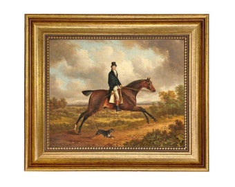 Stampa su tela incorniciata raffigurante un gentiluomo a cavallo con un cane, arte murale equestre, "Giù per il sentiero"