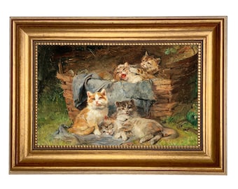 Framed Kitten Canvas Art Print, Cats in a Basket, Farmhouse Wall Art