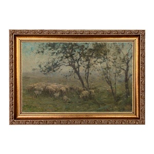 Flock of Sheep Framed Oil Painting Print on Canvas in Thin Gold Wood Frame