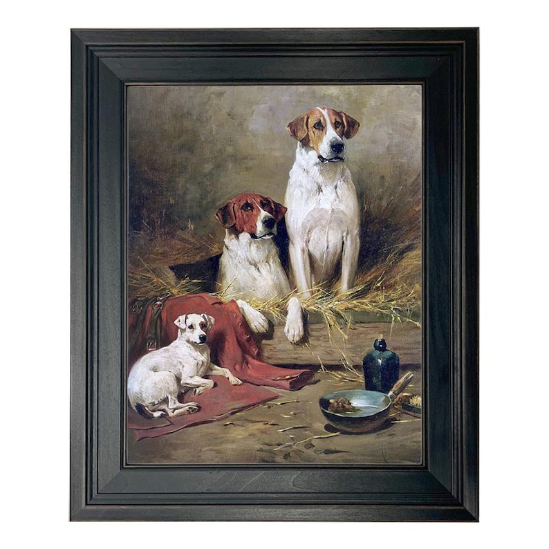 Inramad oljemålning med tre hundar på kanvas, inramad jakthundskonst, jaktstugadekor, rävhundstryck, vintagehundtryck 11" X 14"