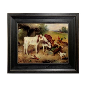 Calves and Chickens Framed Oil Painting Print on Canvas, Farm Animal Wall Art, Rustic Farmhouse Print, Vintage Style Wall Art