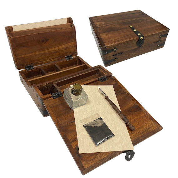 Vintage Antique Reproduction Wood Writing Set Document Case and Inkwell Vintage Antique Reproduction Wood Writing Set Document Case and Inkwell