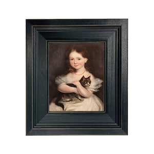 Girl with Cat Framed Oil Painting Print on Canvas, Antique Style Portrait, Vintage Nursery, Wall Art, Cat Lover Gift, Cat Painting