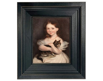 Girl with Cat Framed Oil Painting Print on Canvas, Antique Style Portrait, Vintage Nursery, Wall Art, Cat Lover Gift, Cat Painting
