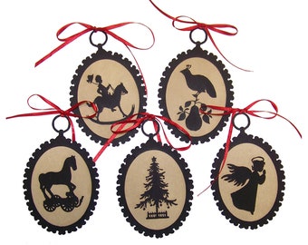 Set of 5 Christmas Silhouette Ornaments (Set A) with Red Ribbon, Colonial Decor, Early American, Primitive Christmas, Colonial Christmas