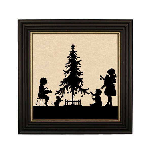 Around the Christmas Tree Framed Paper Cut Silhouette, Christmas Wall Art, Colonial Style Decor
