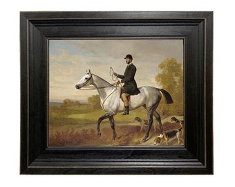 A Huntsman with Horse and Hounds by Adam Emil Framed Oil Painting Print on Canvas in Distressed Black Wood Frame