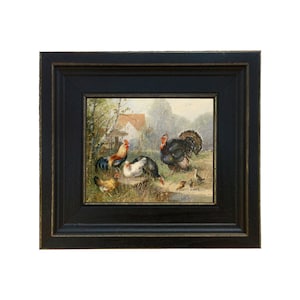 Turkey and Chickens Framed Oil Painting Print on Canvas, Farm Animal Wall Art, Rustic Farmhouse Art, Vintage Farm Print, Cottagecore Art