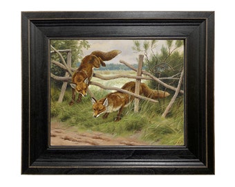 Fox Hunting by George Frederic Rotig Framed Oil Painting Print on Canvas in Distressed Black Wood Frame