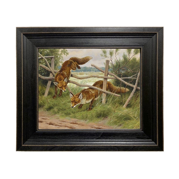 Fox Hunting by George Frederic Rotig Framed Oil Painting Print on Canvas in Distressed Black Wood Frame