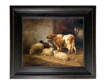 Cow and Sheep Framed Canvas Print, Farmhouse Wall Art