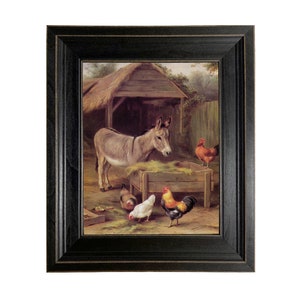 Donkey and Chickens Framed Oil Painting Print on Canvas, Vintage Style Donkey Art, Farm Animal Wall Art, Farmhouse Decor