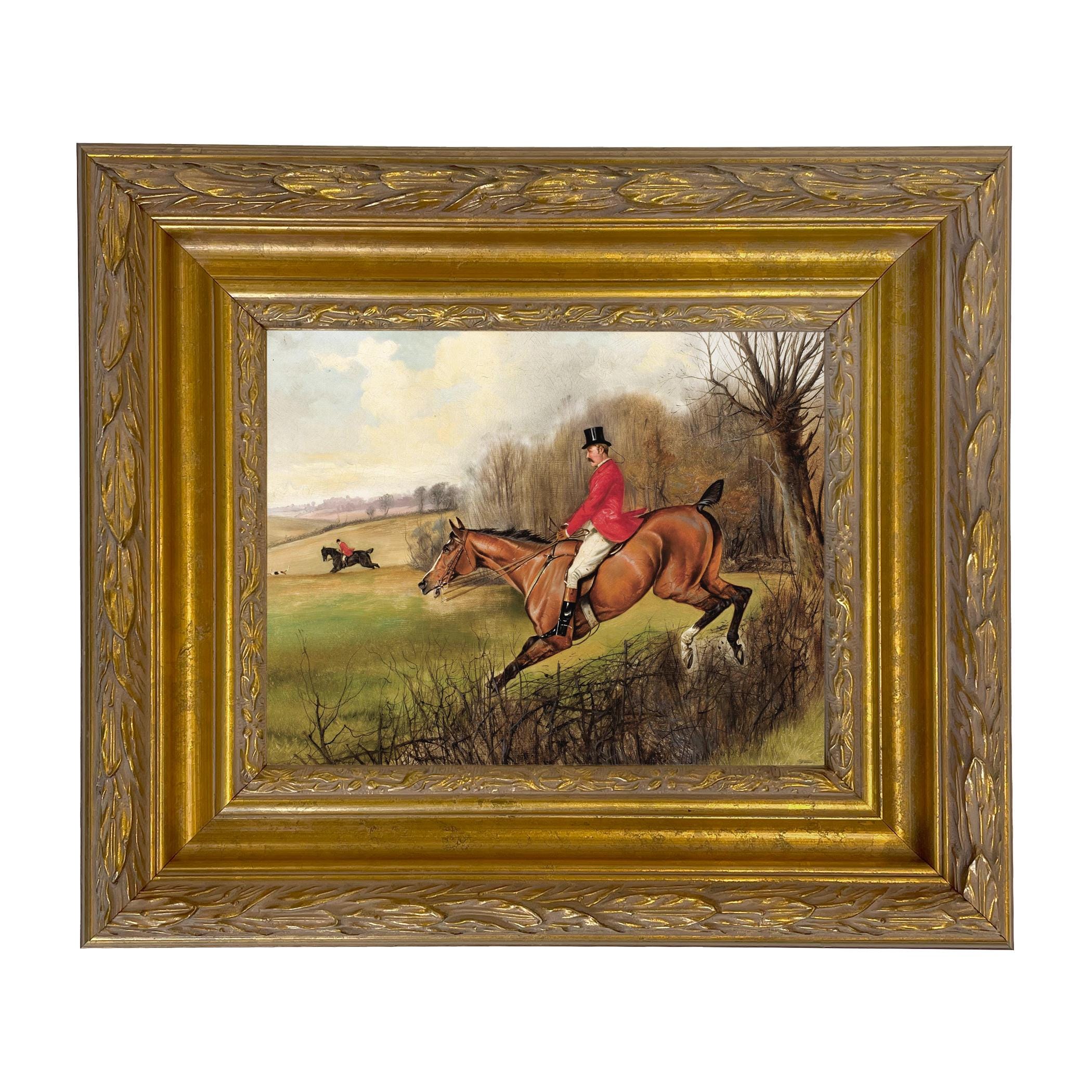 Vintage Fox Hunt Scene Framed Canvas Print, Over the Hedge