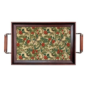 Birds and Holly Berries Christmas Wood and Glass Tray, Holiday Tabletop Decor