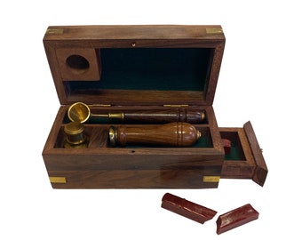 Kit de cachets de cire de 5 1/2 po. dans une boîte en bois - Accessoires d'écriture de style vintage antique