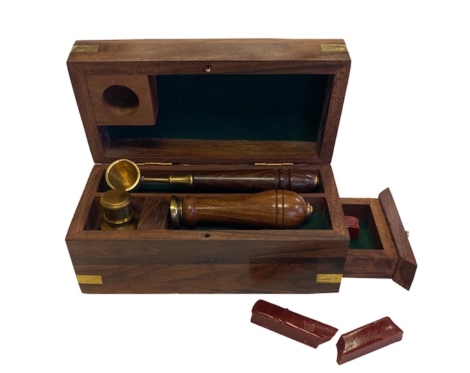 Antique Style Wax Seal Kit: Brass Star Stamp, Oil Lamp, Wooden Box