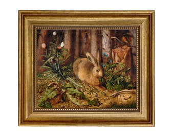 Framed Rabbit in Forest Canvas Print, Cottagecore Wall Art, Vintage Rabbit Print