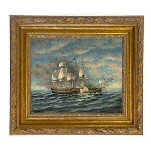 Battle of USS Constitution and HMS Guerriere Framed Oil Painting Print on Canvas, Nautical Wall Art, War of 1812 Memorabilia