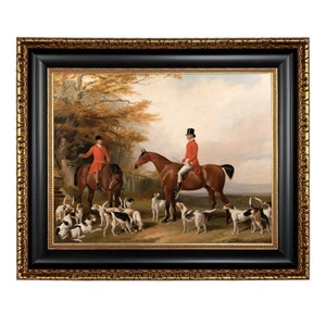 The Meeting Fox Hunt Scene Framed Oil Painting Print on Canvas, Fox Hunt Art, English Equestrian Decor, Vintage Fox Hunt Print
