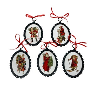 Set of 5 Vintage Victorian Santa Claus Ornaments with Red Ribbon