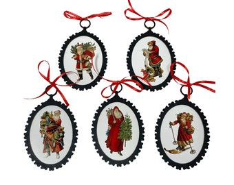 Set of 5 Vintage Victorian Santa Claus Ornaments with Red Ribbon