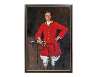 Fox Hunter Whipper In Portrait Framed Oil Painting Print on Canvas in Thin Black Variegated Wood and Gesso Frame- Framed to 14-3/4" x 21"